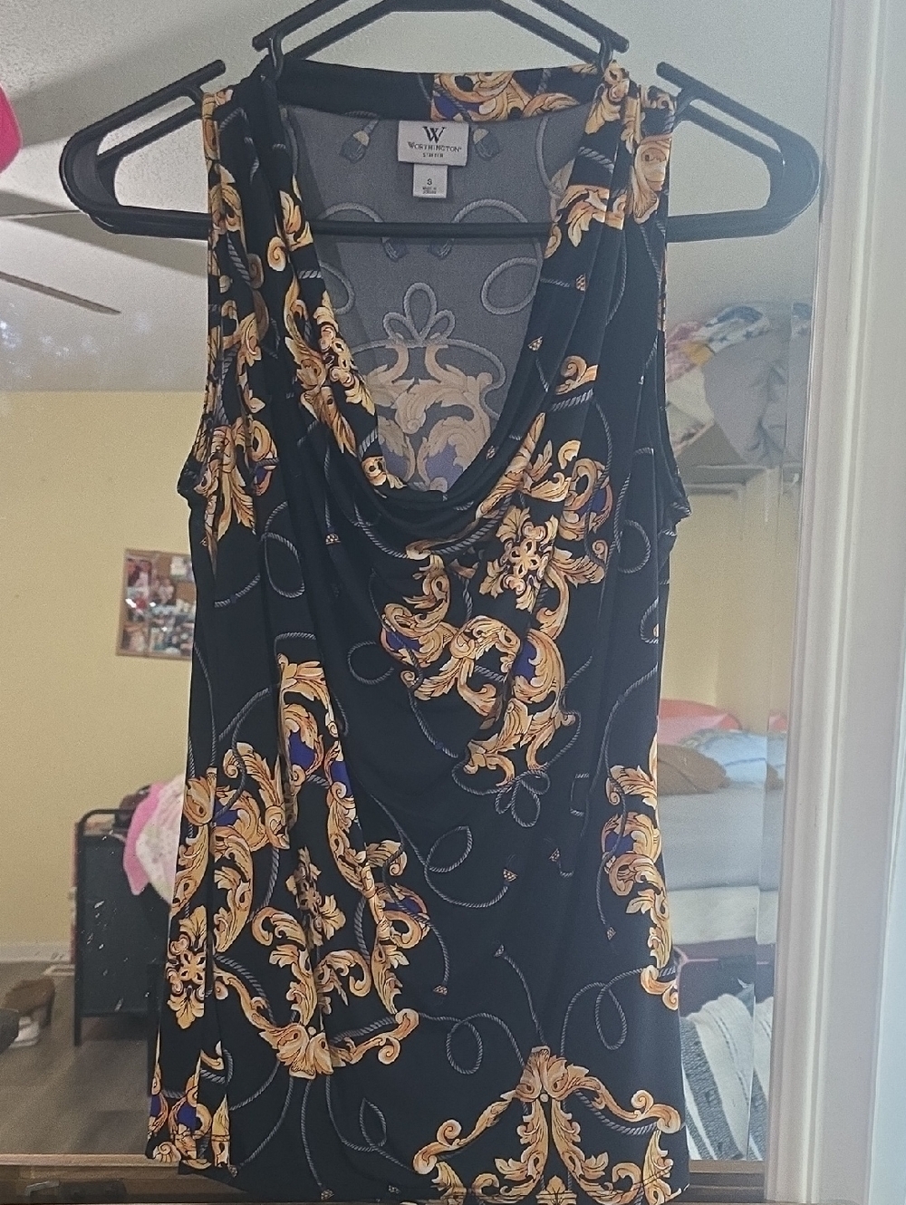 Worthington Black Cowl Neck Tank with Gold Baroque Print